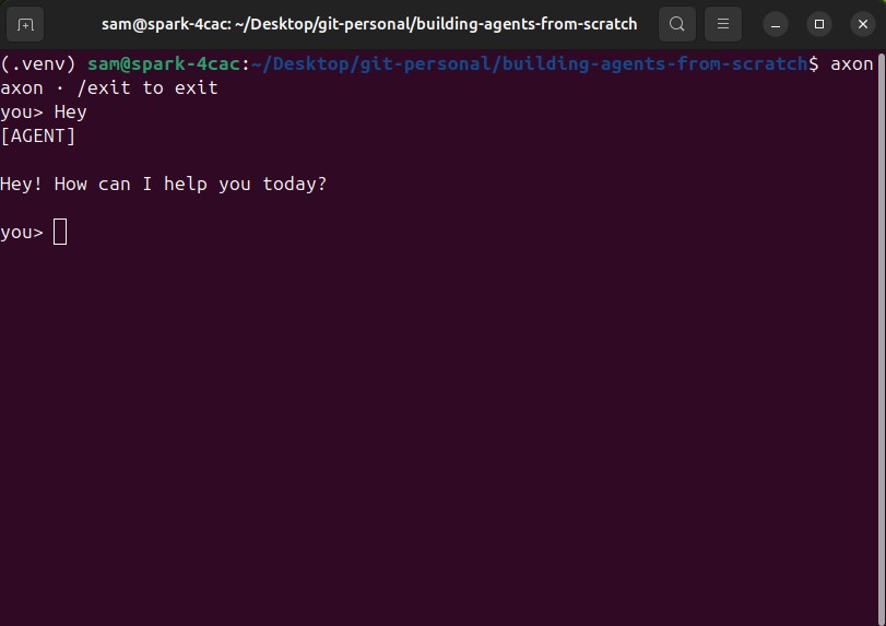 Axon CLI: a REPL prompt with the user typing a question and the agent replying.